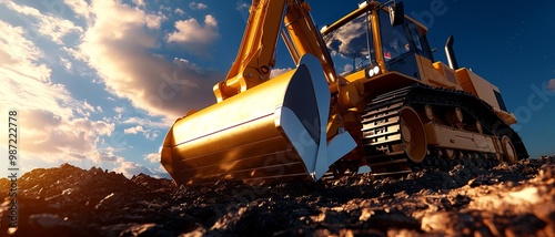 Excavator at work on a construction site, showcasing machinery and earth-moving operations under a bright sky. photo