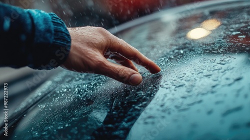 A hand methodically wiping down the car's windshield, removing water streaks after a wash, ensuring crystal-clear visibility. photo