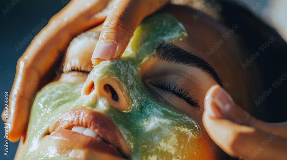 Fototapeta premium Close-up of hands applying a cooling aloe vera gel to a woman face after a skin treatment.