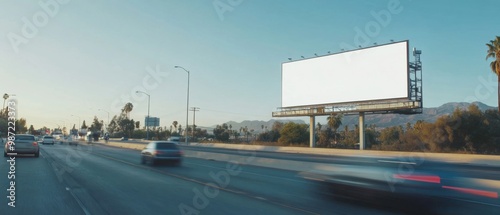 Blank advertising mockup on a highway billboard with cars speeding past creating a dynamic setting for large-scale advertisements
