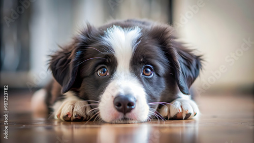Close up of a cute border collie puppy snout resting on a floor, border collie, puppy, nose, snout, close up, cute, adorable