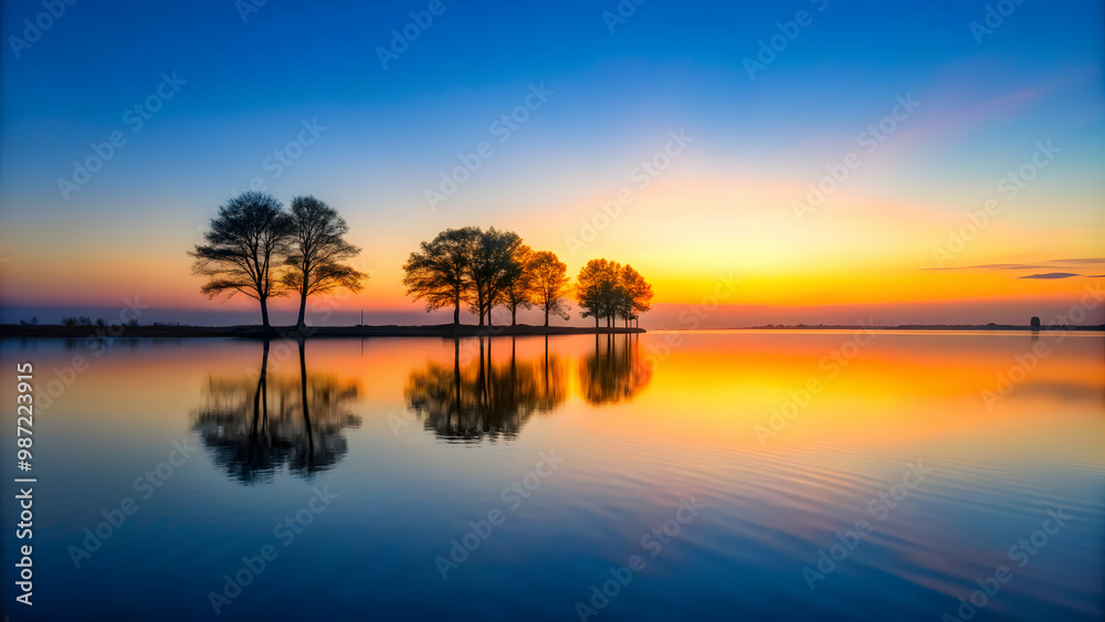Minimal sunset landscape with silhouette of trees and calm lake, sunset, landscape, minimal, background, tranquil, serene, peaceful Minimal sunset landscape with silhouette of trees and calm lake, sunset, landscape, minimal, background, tranquil, serene, peaceful