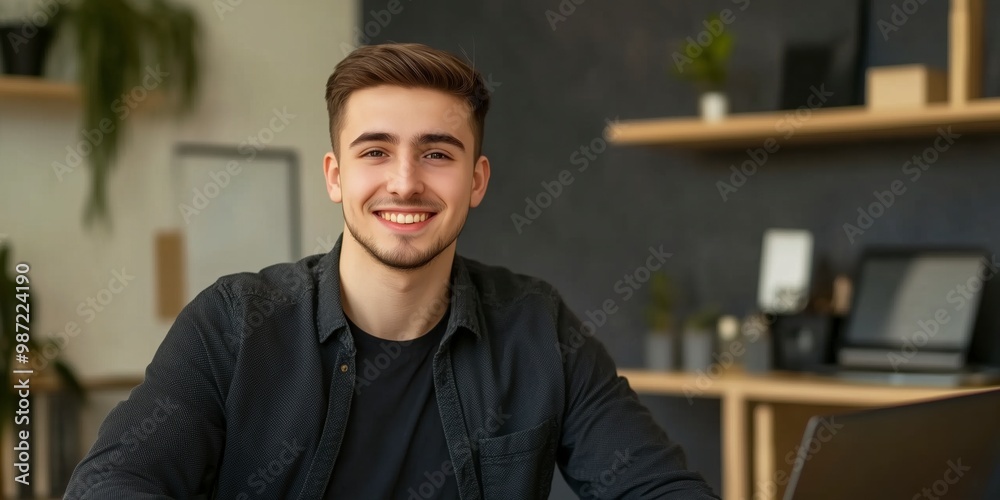 Hombre joven CEO de una empresa startup en la oficina, sonriendo Hombre joven CEO de una empresa startup en la oficina, sonriendo
