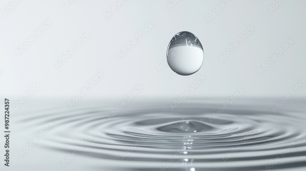 Water droplet perfectly suspended above a reflective surface illuminated by soft diffused light for a minimalist and tranquil scene Water droplet perfectly suspended above a reflective surface illuminated by soft diffused light for a minimalist and tranquil scene