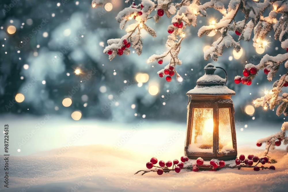 A lantern casts a warm glow in the snowy surroundings, framed by frosty red berries as snowflakes gently fall A lantern casts a warm glow in the snowy surroundings, framed by frosty red berries as snowflakes gently fall