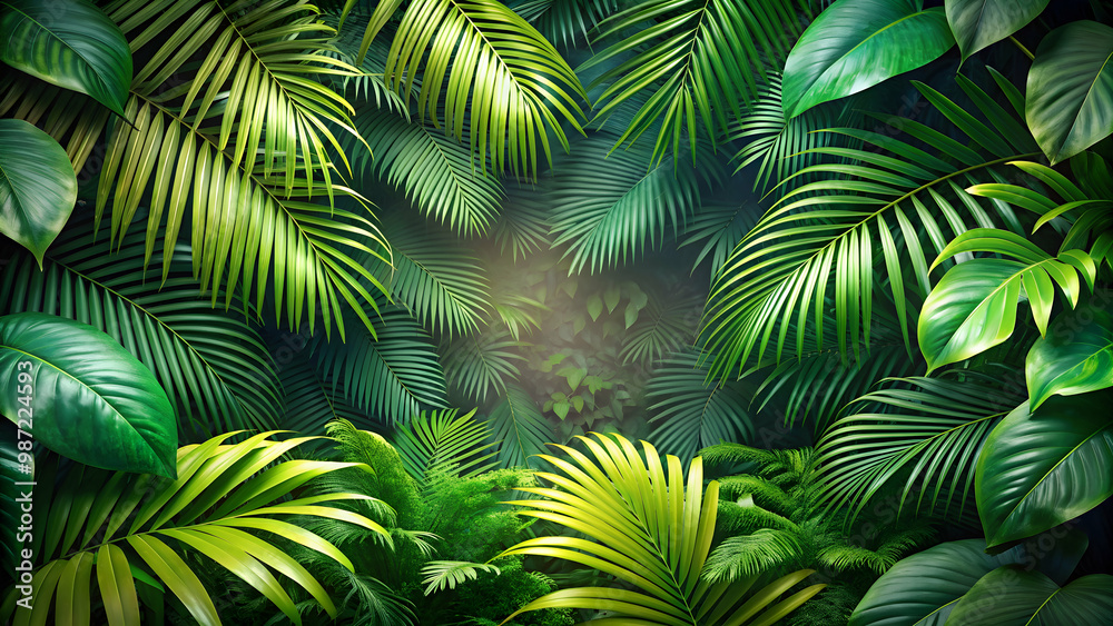 Lush tropical background with green plant leaves from the South American forest, jungle, and palm trees, tropical Lush tropical background with green plant leaves from the South American forest, jungle, and palm trees, tropical
