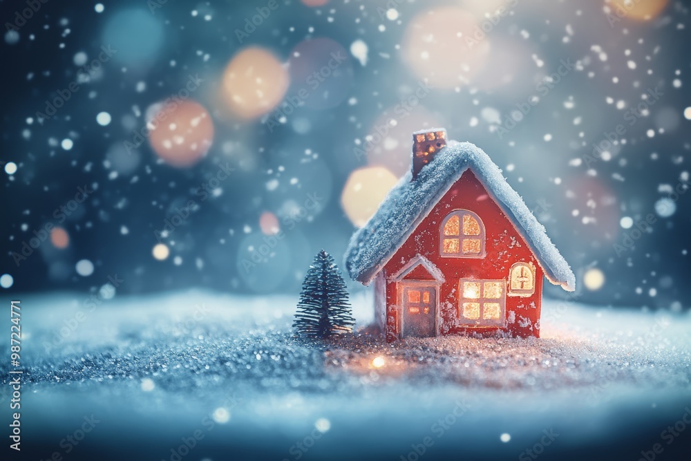 Fototapeta premium A small red house covered in snow radiates warmth while snowflakes gently fall, creating a serene winter atmosphere