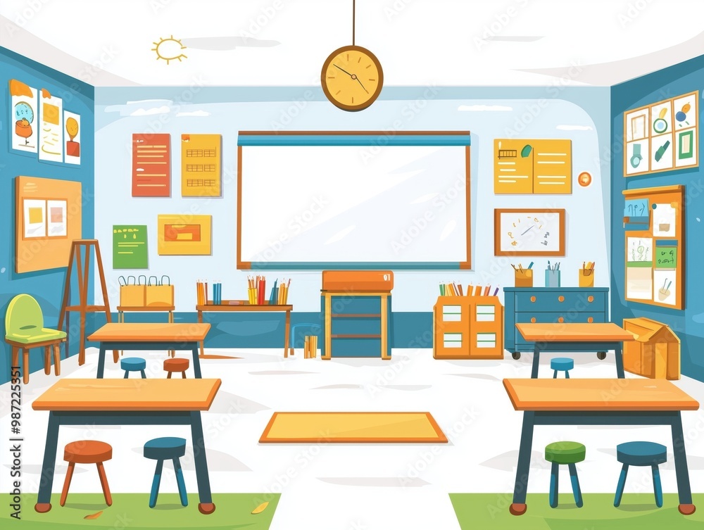 A modern classroom with desks, chairs, and educational posters. A modern classroom with desks, chairs, and educational posters.