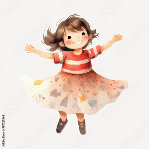 Illustration of a joyful young girl with brown hair