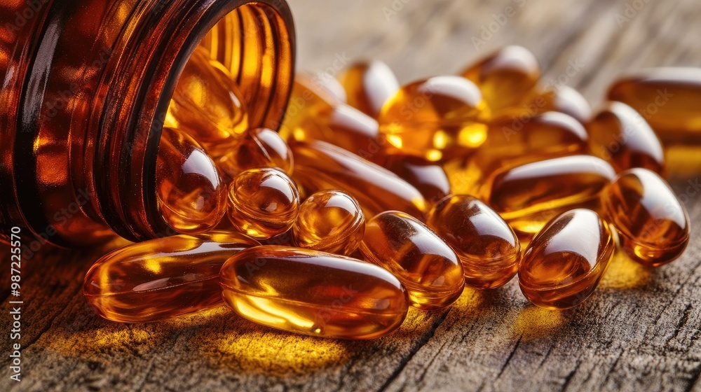A pile of Omega 3 fish oil capsules spilling out from a bottle onto a wooden surface, emphasizing their glossy, amber appearance. A pile of Omega 3 fish oil capsules spilling out from a bottle onto a wooden surface, emphasizing their glossy, amber appearance.