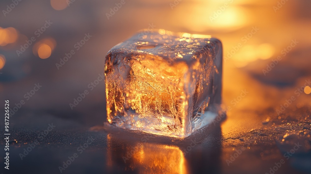 A single ice cube in focus, shimmering under a soft light, highlighting its smooth, transparent surface and frosty corners. A single ice cube in focus, shimmering under a soft light, highlighting its smooth, transparent surface and frosty corners.
