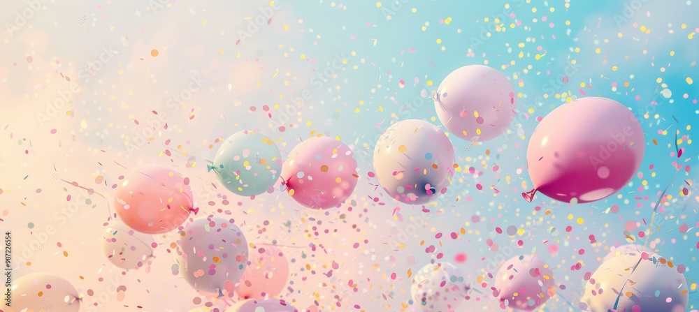 Fototapeta premium Whimsical Pastel Birthday Background with Balloons and Sparkling Confetti for Designs and Posters
