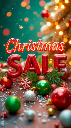 A Christmas sale features bright red lettering amid a festive arrangement of ornaments, tinsel, and pine, evoking a joyful holiday spirit filled with cheer