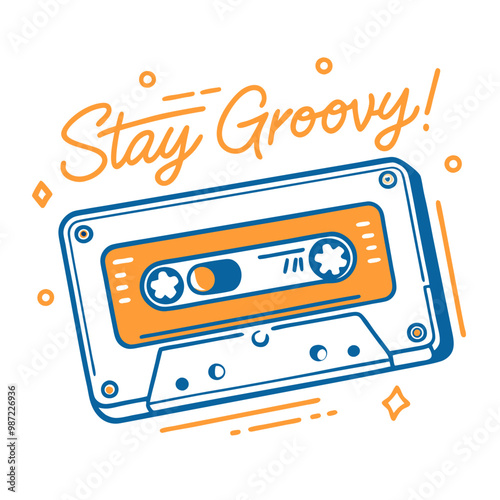 Stay Groovy retro cassette tape illustration in orange and blue, nostalgic vibes