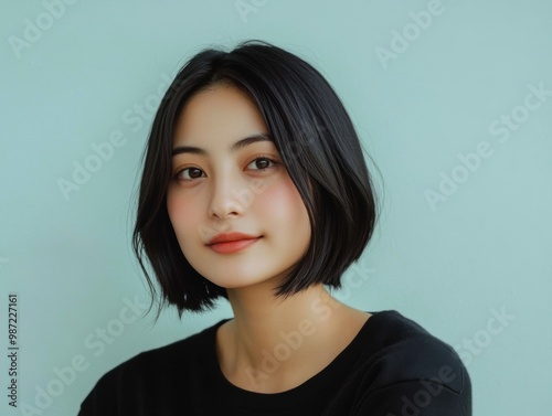 Friendly Asian woman with bob haircut. Women's fashion and beauty.