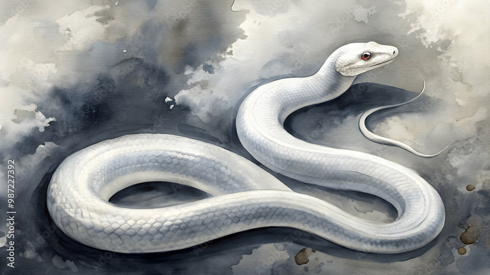 Fototapeta premium Elegant ink painting of a white snake , Japanese art, traditional, brush strokes, black and white, minimalist, symbolic