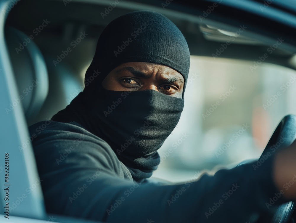 A masked carjacker steals a car. Crime, danger, insurance case. A masked carjacker steals a car. Crime, danger, insurance case.