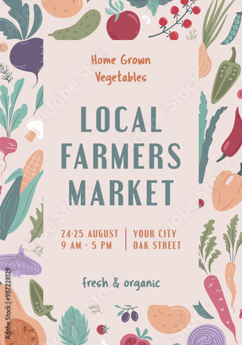 Farmers Market, Organic Farm, Harvest Festival, Agricultural fair banner or poster. Vector flat illustration. Announcement for seasonal agricultural fair isolated. Hand drawn vector banner template