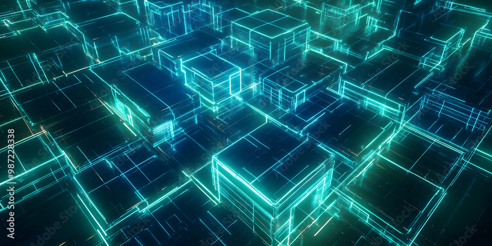 Fototapeta premium Abstract futuristic neon light lines in a grid pattern.