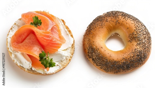 A delicious homemade new york city jewish deli style poppy sesame seed bagel with cream cheese and lox or smoked fish both halves ready to eat isolated on white background with copy space