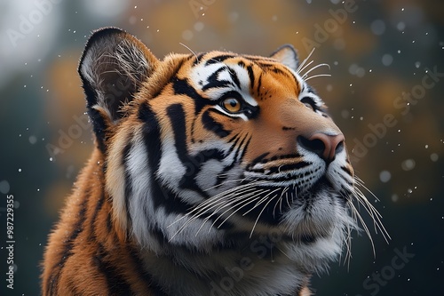 Wide shot, side view, a professional National Geographic-style photograph of a wild tiger in a zoo setting. It offers an ultra-realistic representation and hyper-detailed images. 