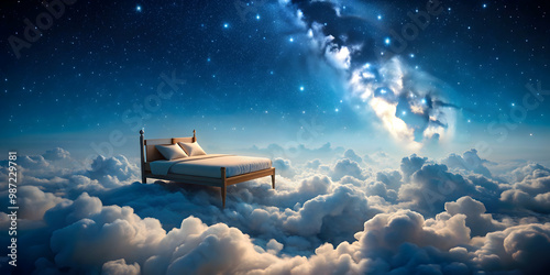 Cozy bed floating over fluffy clouds in the night sky , clouds, night, sleep, dream, relaxation, surreal, comfort, peaceful