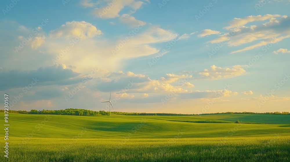 A wind turbine in the distance, surrounded by vibrant green fields, highlighting renewable energy and ecological sustainability. A wind turbine in the distance, surrounded by vibrant green fields, highlighting renewable energy and ecological sustainability.