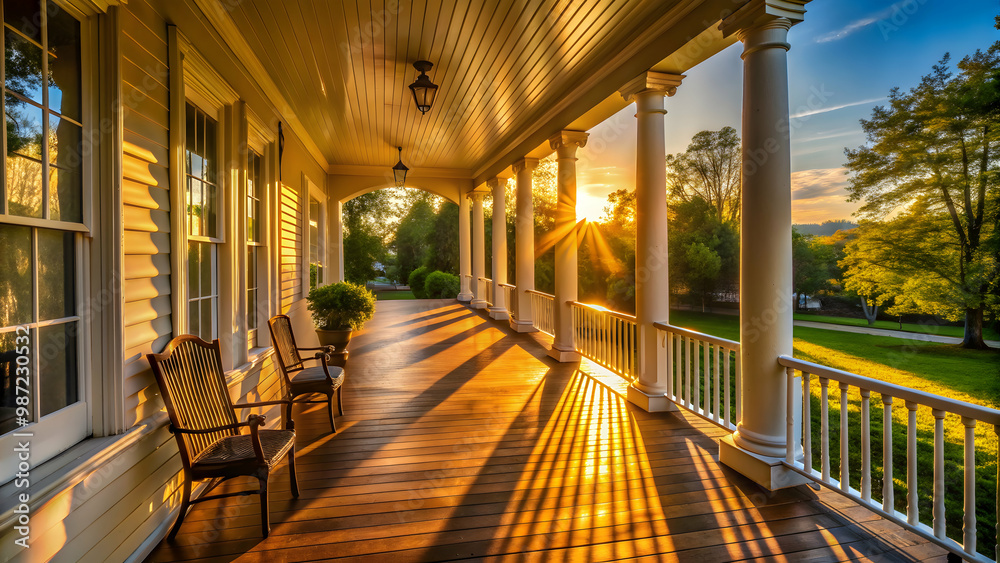 Sunlight cascading onto the porch of a colonial-style home, creating long shadows and a cozy atmosphere, sunlight, porch Sunlight cascading onto the porch of a colonial-style home, creating long shadows and a cozy atmosphere, sunlight, porch