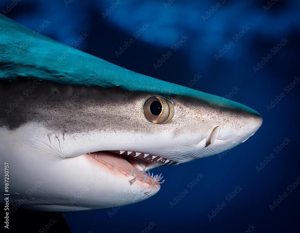 Close-up view of a shark's eye and mouth, highlighting its sharp teeth and powerful gaze. The detailed focus captures the predator's intense expression, emphasizing the shark's dominance in the ocean. Close-up view of a shark's eye and mouth, highlighting its sharp teeth and powerful gaze. The detailed focus captures the predator's intense expression, emphasizing the shark's dominance in the ocean.