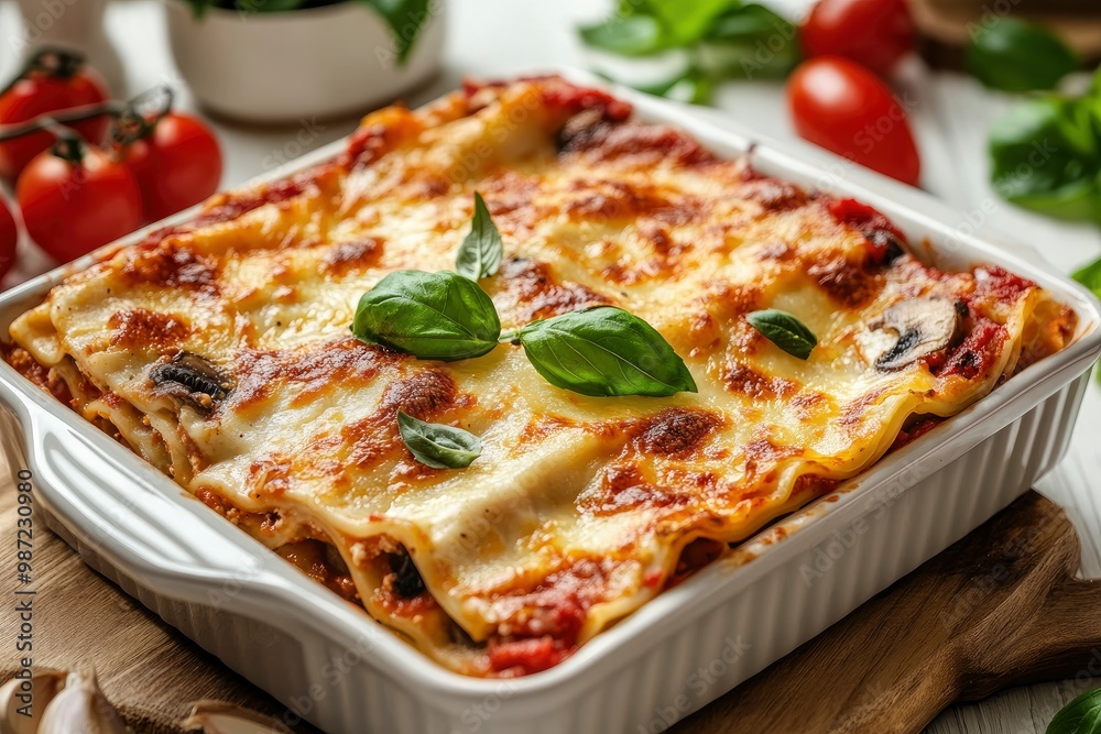 Italian lasagna casserole with firm tofu, mushrooms, tomato sauce baked on the oven, served on a baking dish with fresh basil on a white wooden background, close-up , ai Italian lasagna casserole with firm tofu, mushrooms, tomato sauce baked on the oven, served on a baking dish with fresh basil on a white wooden background, close-up , ai