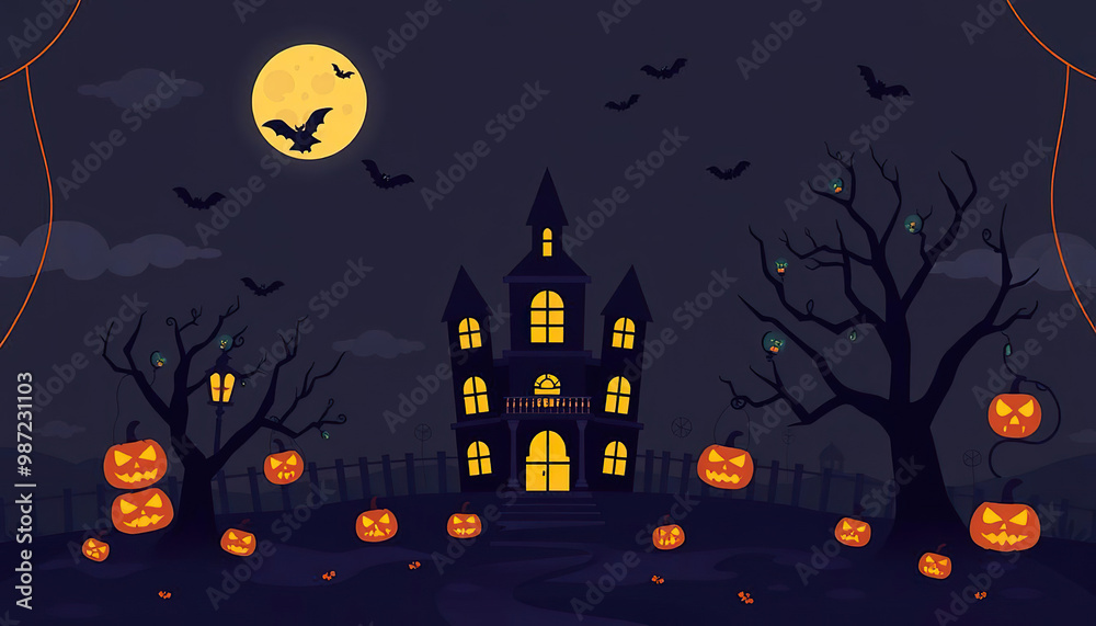 A Halloween scene with a castle and bats flying in the sky A Halloween scene with a castle and bats flying in the sky