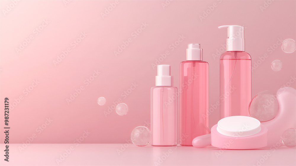 Elegant Pink Skincare Bottles with Soft Bubbles Elegant Pink Skincare Bottles with Soft Bubbles