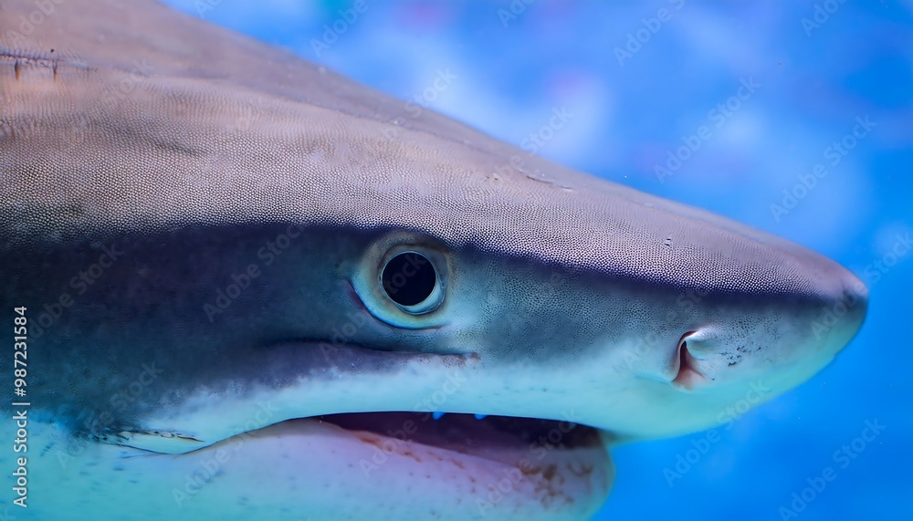 Naklejka premium Close-up view of a shark's eye and mouth, highlighting its sharp teeth and powerful gaze. The detailed focus captures the predator's intense expression, emphasizing the shark's dominance in the ocean.