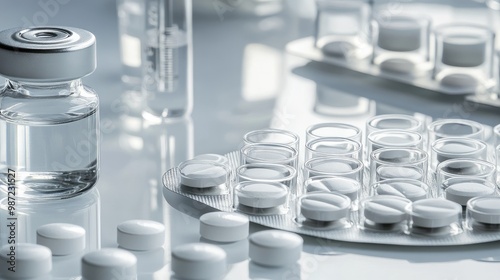 A close-up of round pills and vials filled with transparent liquid, arranged neatly on a white laboratory table.