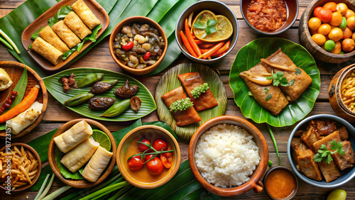 Traditional Filipino food dishes featuring a colorful spread of adobo, sinigang, lumpia, kare-kare, and more, Filipino, food