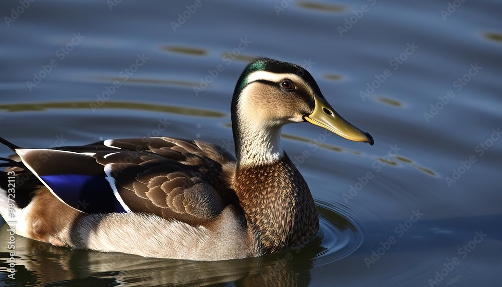 Fototapeta premium Duck with Reflections Swimming in a Pond