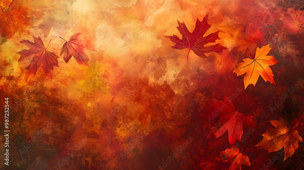 A digital painting depicting autumn leaves in various shades of red, orange, and yellow on an abstract background A digital painting depicting autumn leaves in various shades of red, orange, and yellow on an abstract background