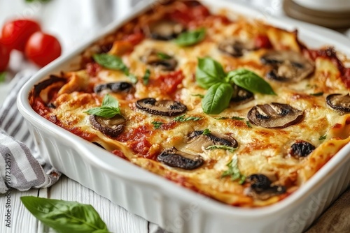 Italian lasagna casserole with firm tofu, mushrooms, tomato sauce baked on the oven, served on a baking dish with fresh basil on a white wooden background, close-up , ai