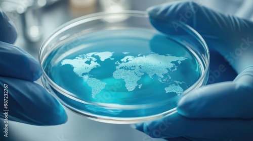 A petri dish with a medical specimen, featuring a subtle world overlay, conveying the idea of medical research caring for global health.
