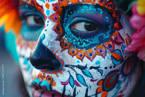 Close up of woman's face with colorful Halloween Dia de los Muertos costume face paint