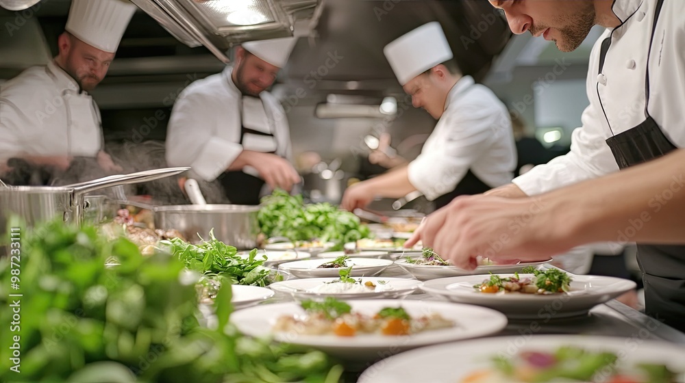 Chefs working together in a bustling professional kitchen, plating gourmet dishes with precision and focus, surrounded by fresh ingredients Chefs working together in a bustling professional kitchen, plating gourmet dishes with precision and focus, surrounded by fresh ingredients