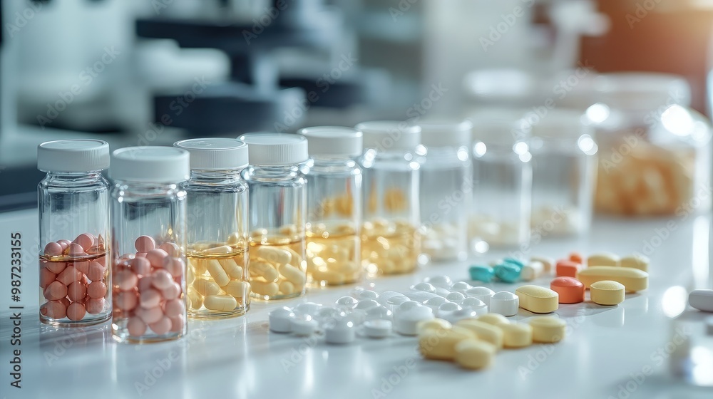 A set of clear vials filled with liquid and various colored pills on a white lab surface, focusing on pharmaceutical precision. A set of clear vials filled with liquid and various colored pills on a white lab surface, focusing on pharmaceutical precision.