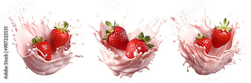 Strawberries splashing into creamy pink milk creating dynamic splashes on a transparent background