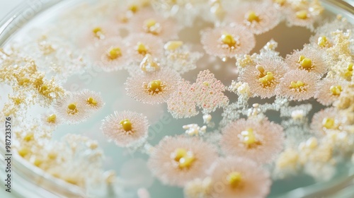 Bacteria and fungi growing in a petri dish, with a focus on the intricate details of microbial colonies on a plain surface.