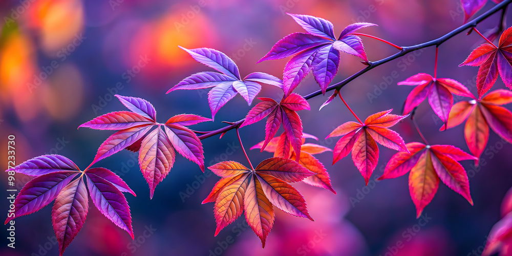 Close-up photograph of a twig with purple and red gradient leaves in a cascading pattern , nature, botanical, close-up, photography