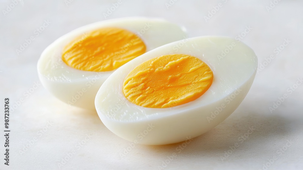 Close-up of a hard-boiled egg cut in half, revealing the bright yellow yolk and soft white, isolated on a white surface Close-up of a hard-boiled egg cut in half, revealing the bright yellow yolk and soft white, isolated on a white surface