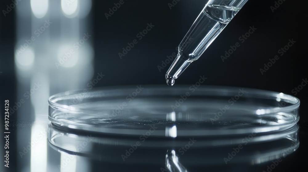Close-up of a pipette delivering a clear liquid drop into a petri dish, on a sterile lab table with focus on scientific accuracy. Close-up of a pipette delivering a clear liquid drop into a petri dish, on a sterile lab table with focus on scientific accuracy.