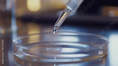 Close-up of a pipette delivering a clear liquid drop into a petri dish, on a sterile lab table with focus on scientific accuracy.