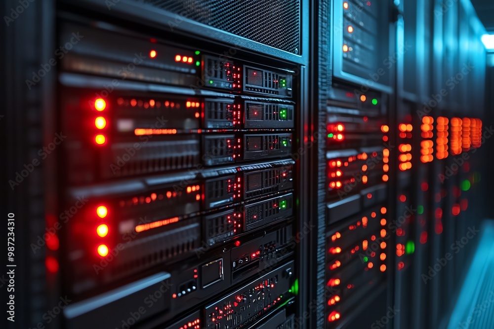 Close up view of glowing red lights on a server rack in a data center. Close up view of glowing red lights on a server rack in a data center.