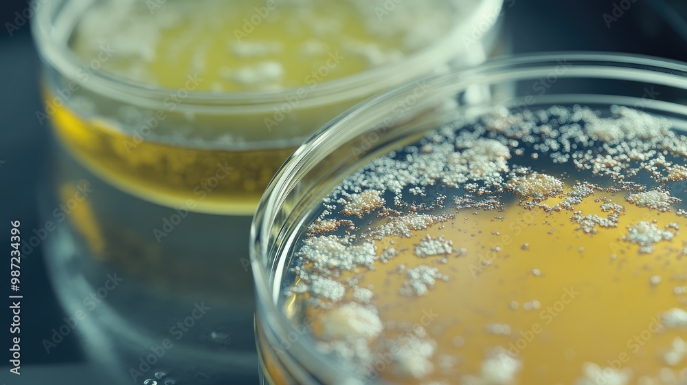 Close-up of bacterial and fungal cultures in a transparent petri dish, captured with detailed focus on colony textures.